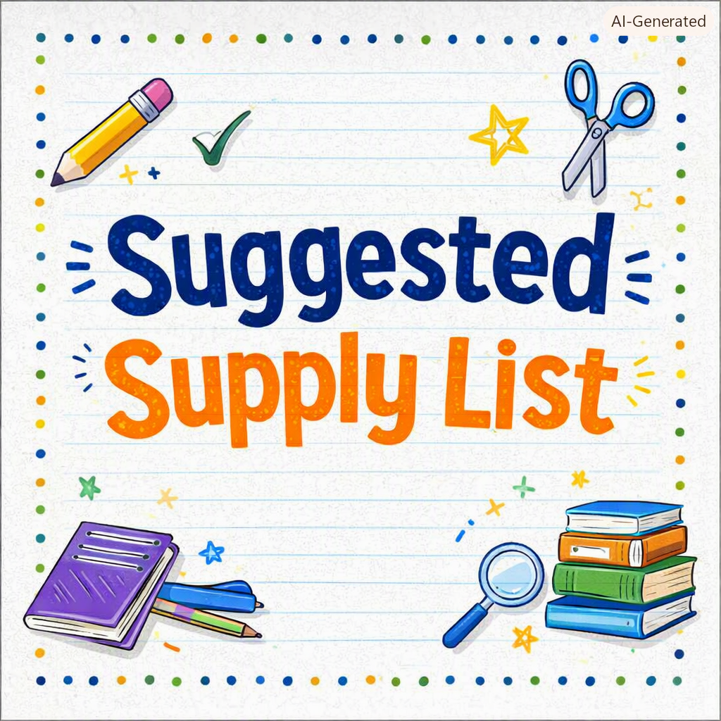 A colorful square graphic with the words “Suggested Supply List” in bold, playful letters — “Suggested” in blue and “Supply List” in orange — centered on a white, lined paper background. Around the text are cheerful illustrations of school supplies, including a pencil, scissors, pushpin, notebook, magnifying glass, and stacked books. Small stars and dots decorate the edges, creating a bright, fun back‑to‑school theme.